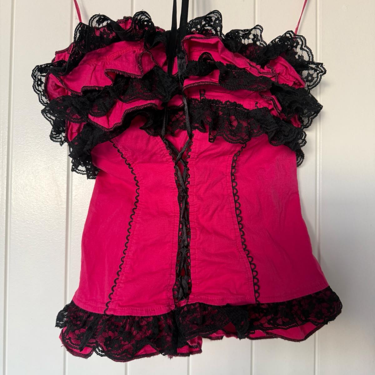 Strapless Hot Pink  Black Lace Ruffled Bustier Top  Padded