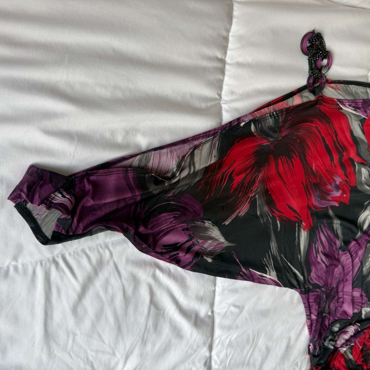 Brand New OneShoulder Ruched Longline Top  Red  Purple Abstr