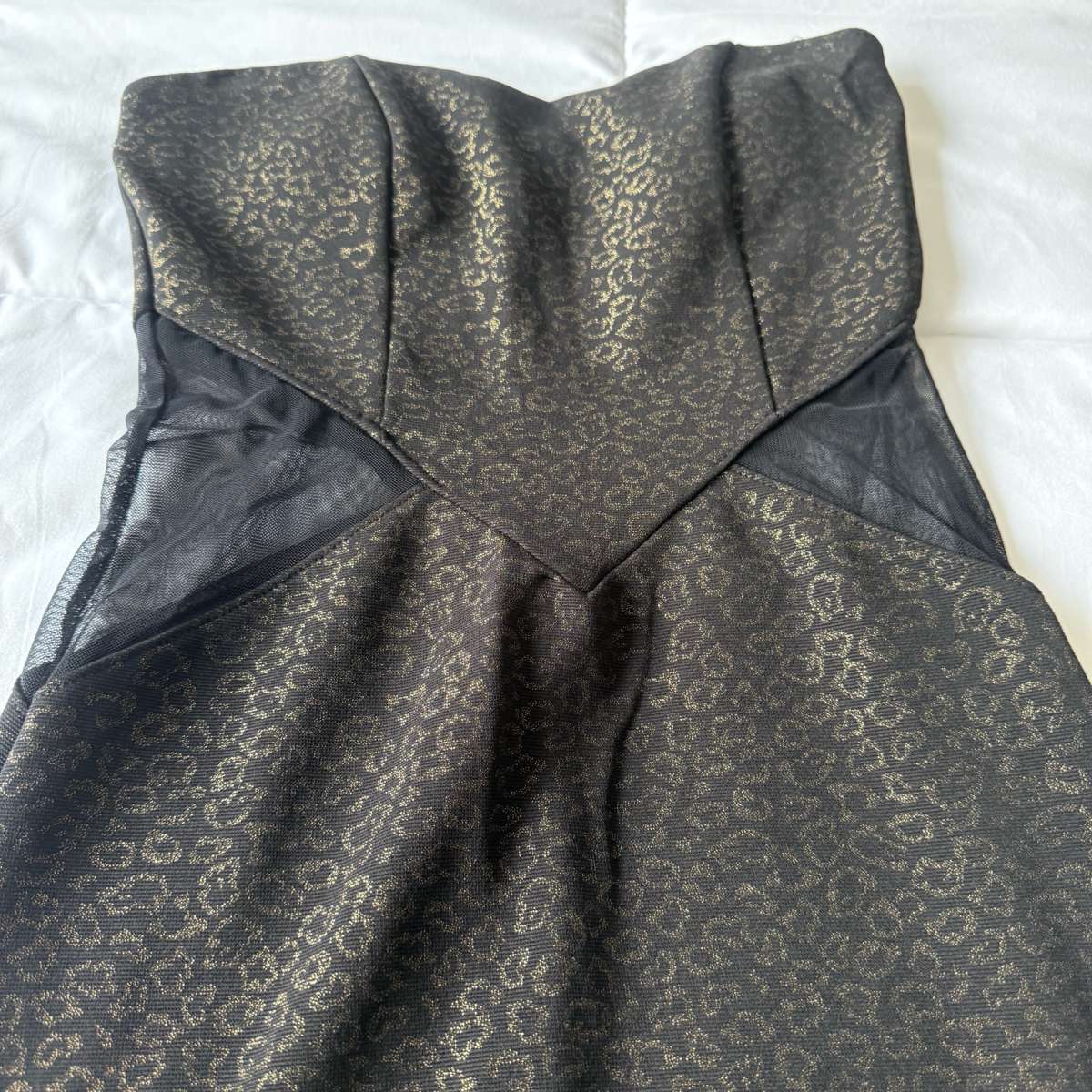 Strapless Black  Gold Animal Print Bodycon Dress with Mesh S