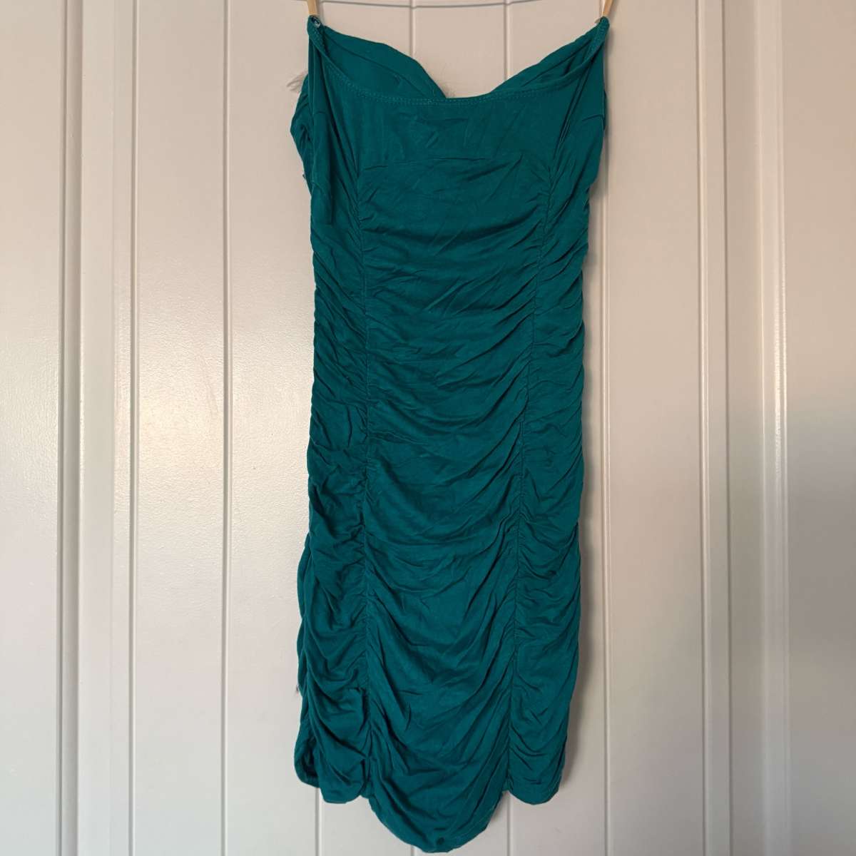 Teal Strapless Ruched Cocktail Dress with Feather Trim