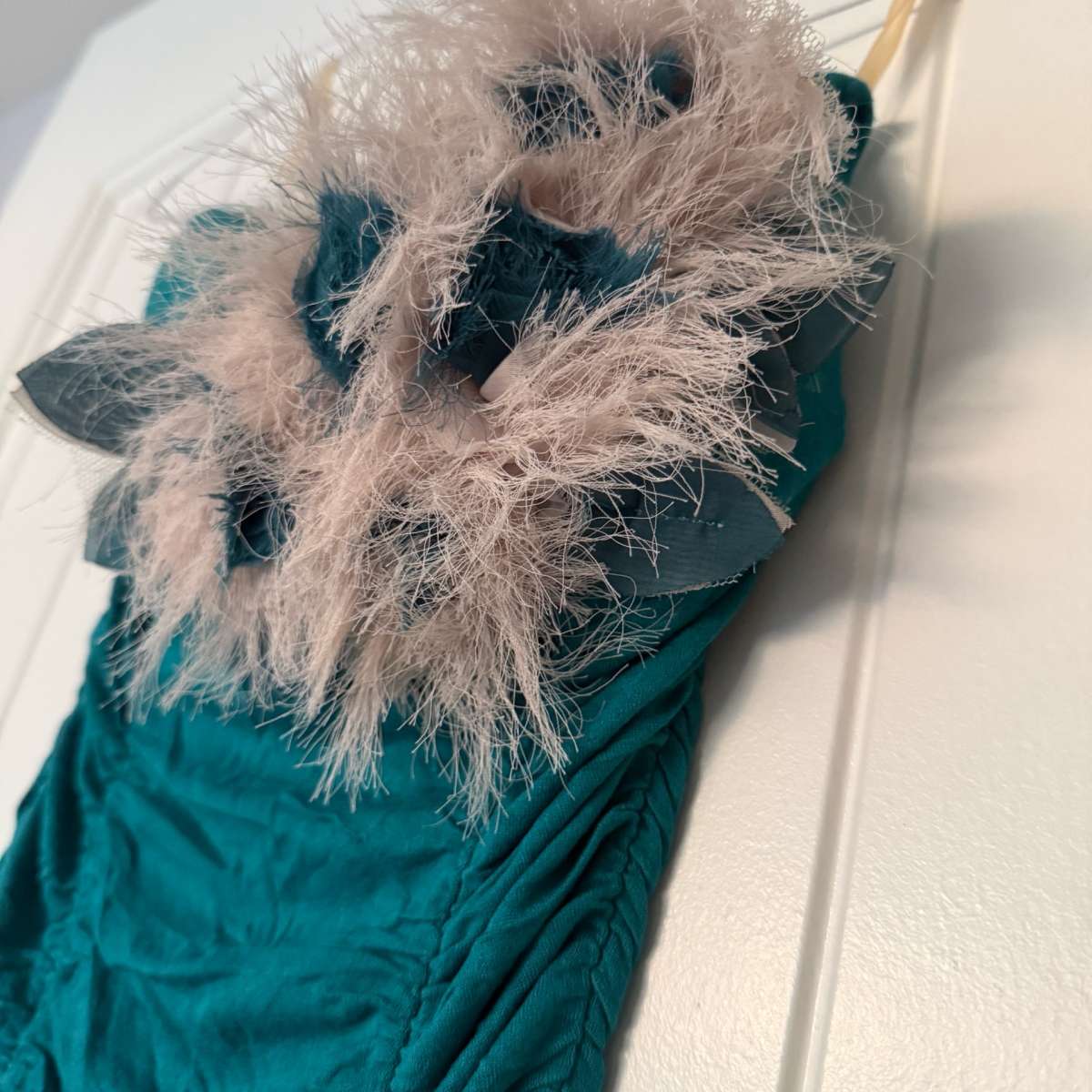 Teal Strapless Ruched Cocktail Dress with Feather Trim