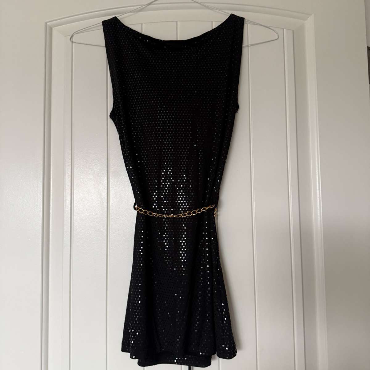 Black Metallic Polka Dot Cowl Neck Cocktail Dress with Gold