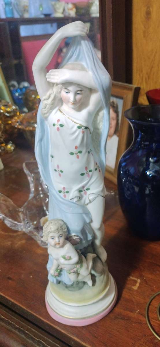 Antique 19th century women w Cherub 17bin tall