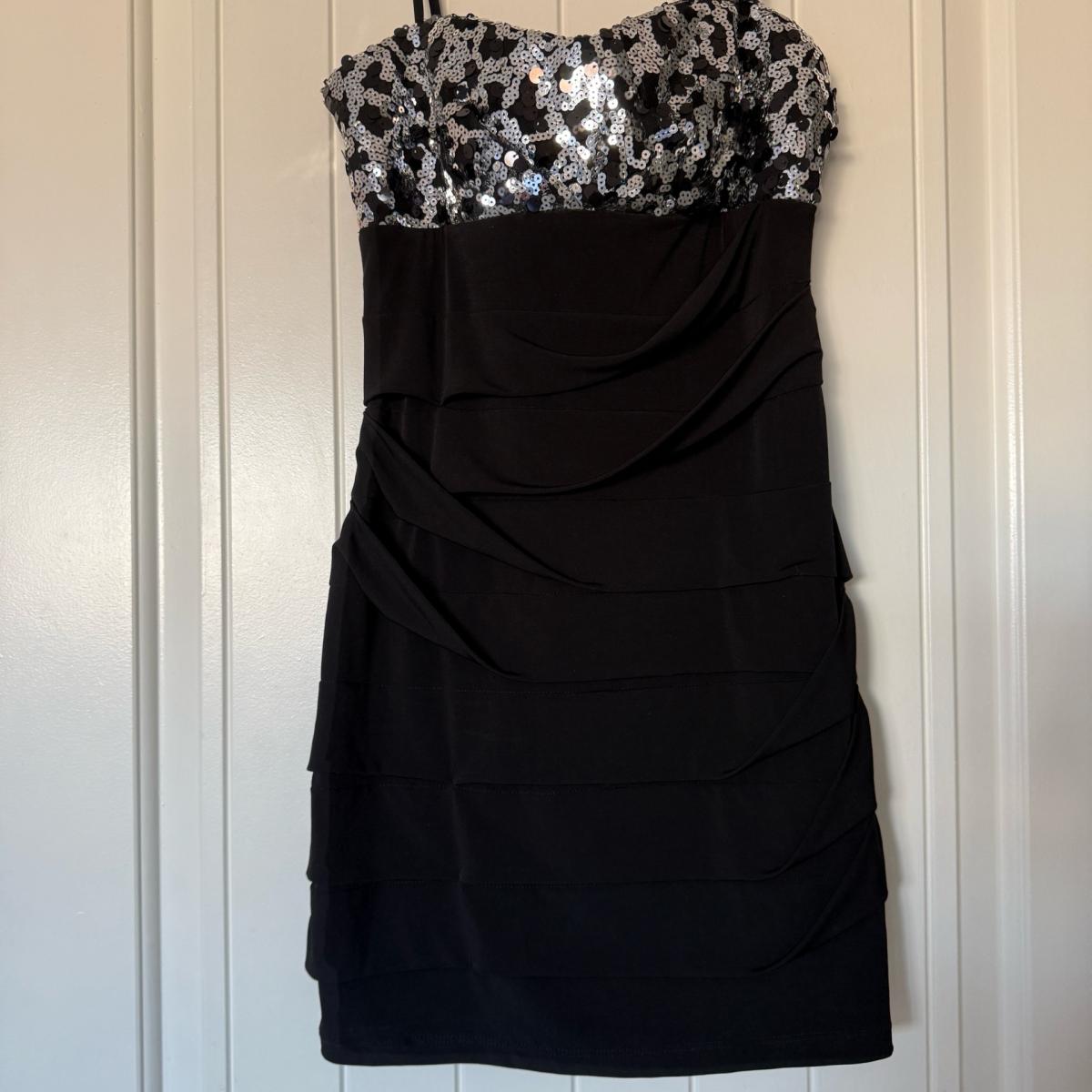 City Triangles Black  Silver Sequin Strapless Mini Dress