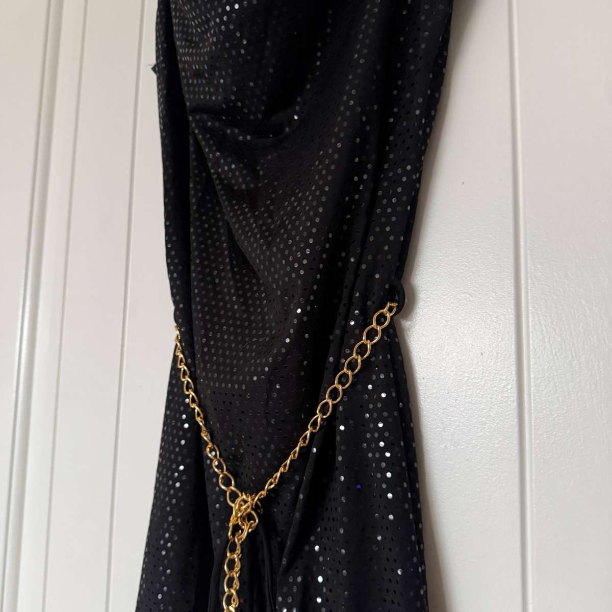Black Metallic Polka Dot Cowl Neck Cocktail Dress with Gold