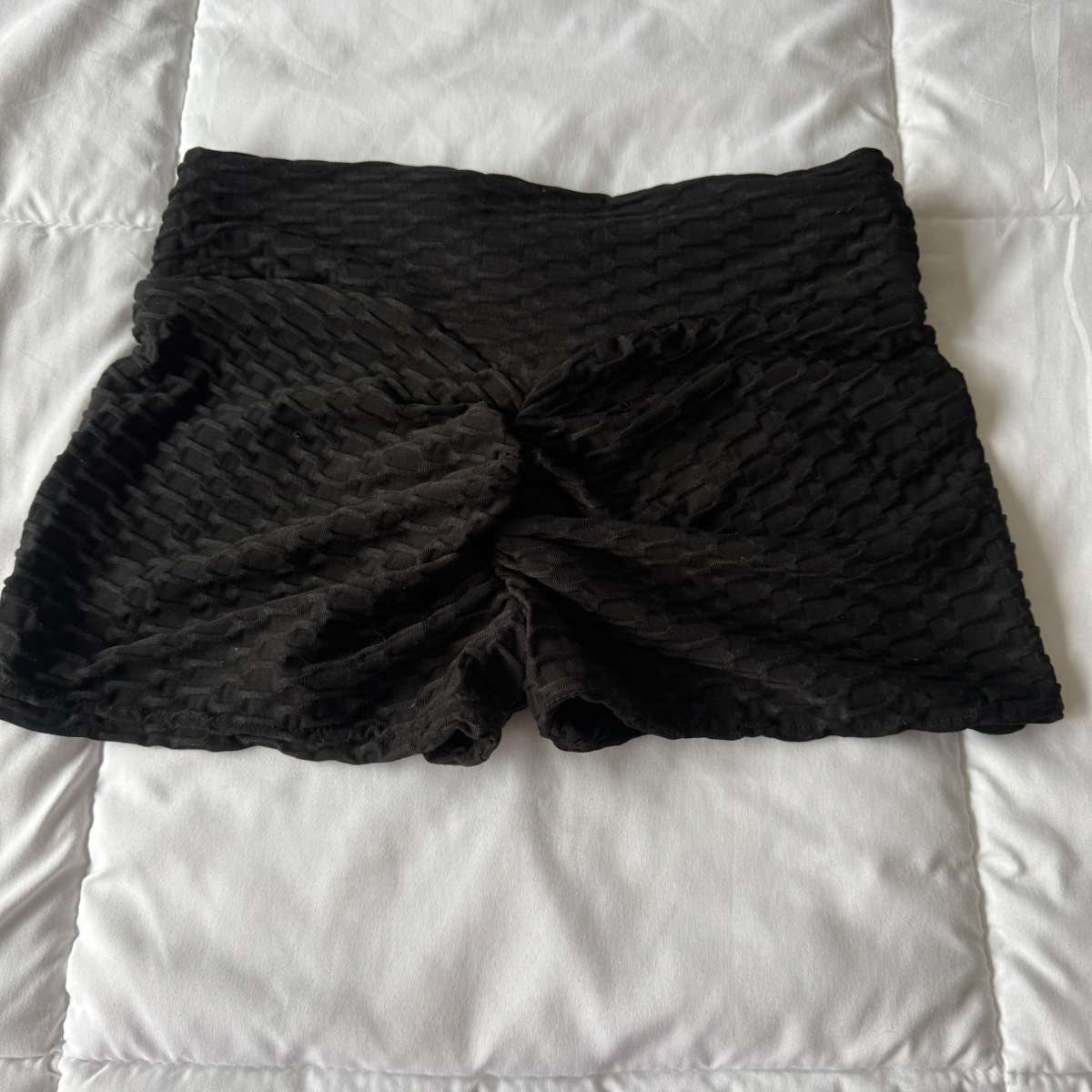 Black Textured HighWaisted Stretch Lounge Shorts  Smocked