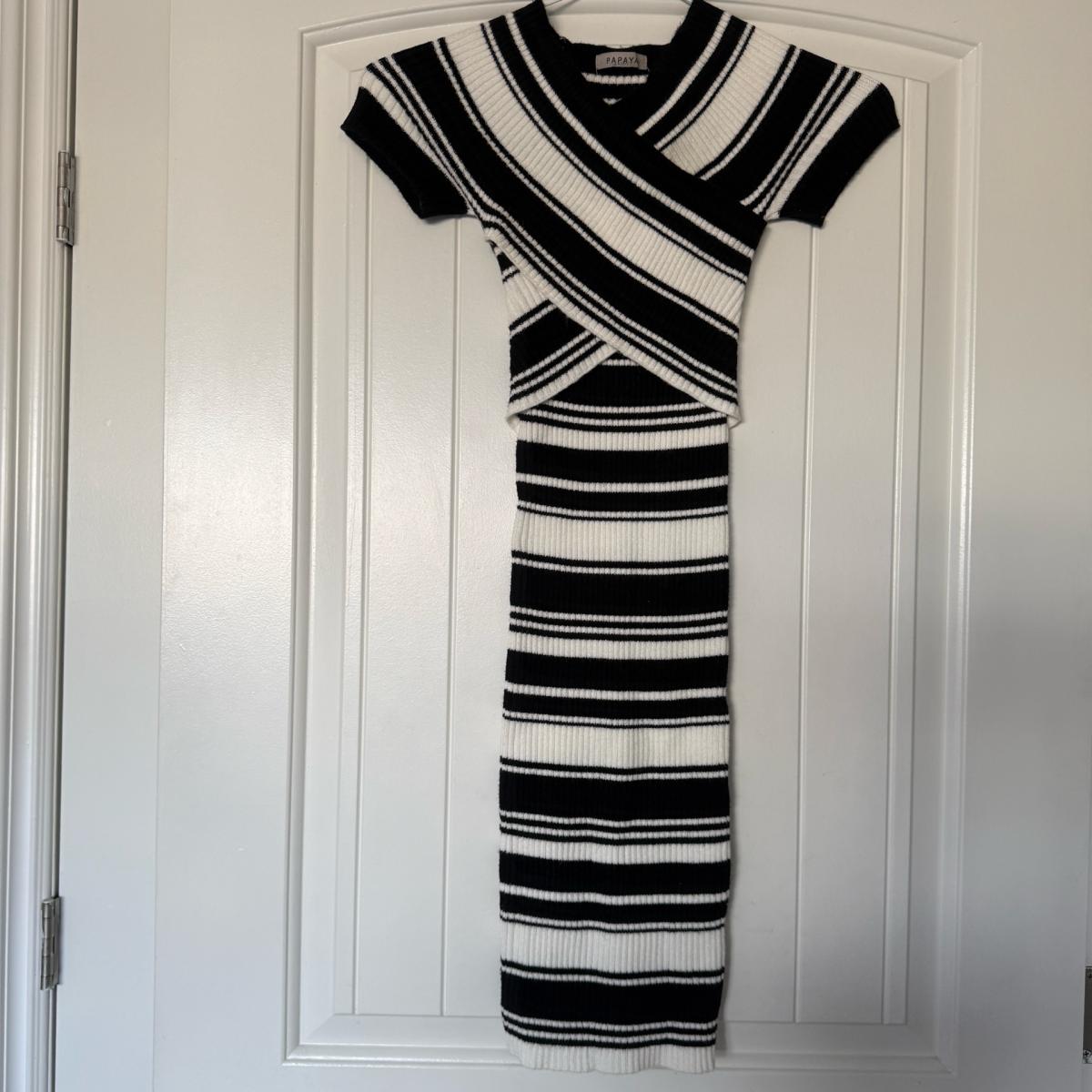 Brand New Ribbed Knit Black  Cream Striped Wrap Midi Dress