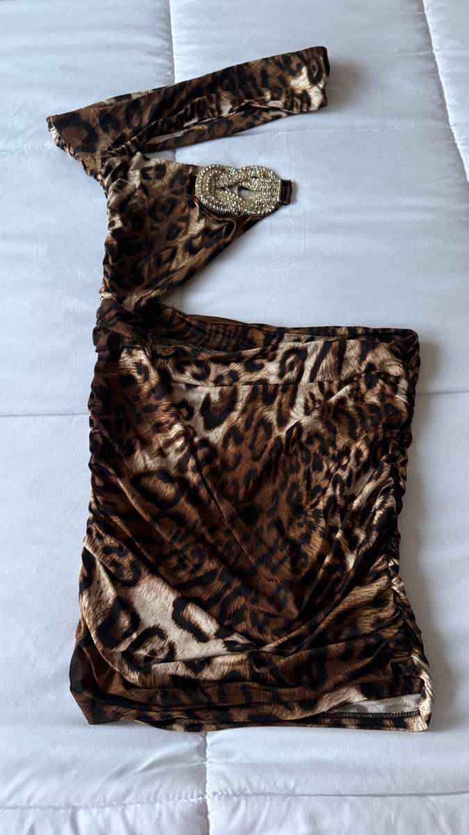 Leopard Print OneShoulder CutOut Mini Dress with Rhinestone