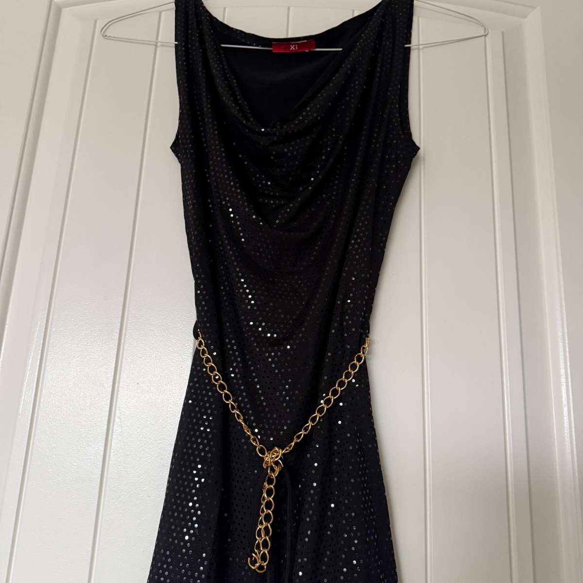 Black Metallic Polka Dot Cowl Neck Cocktail Dress with Gold