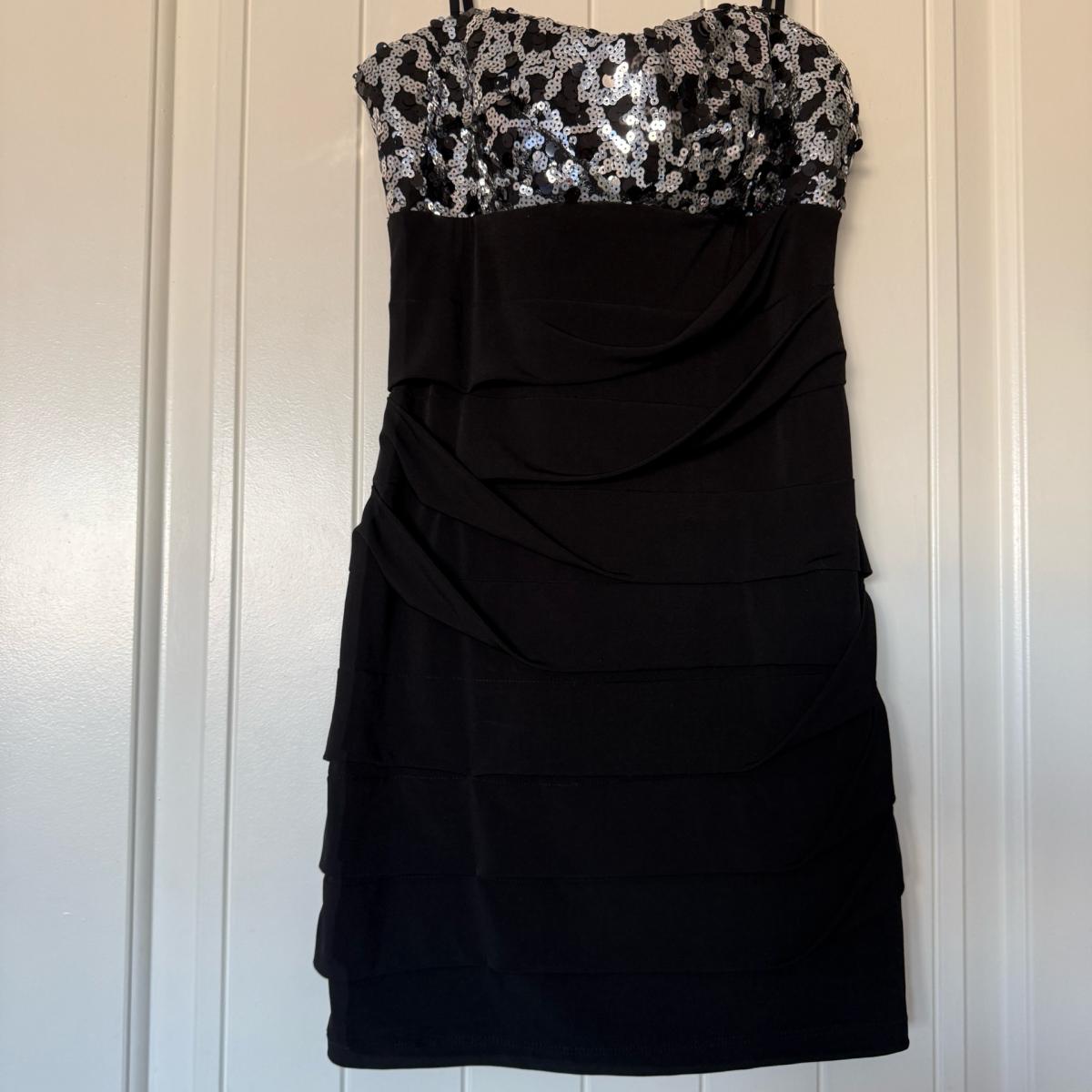 City Triangles Black  Silver Sequin Strapless Mini Dress