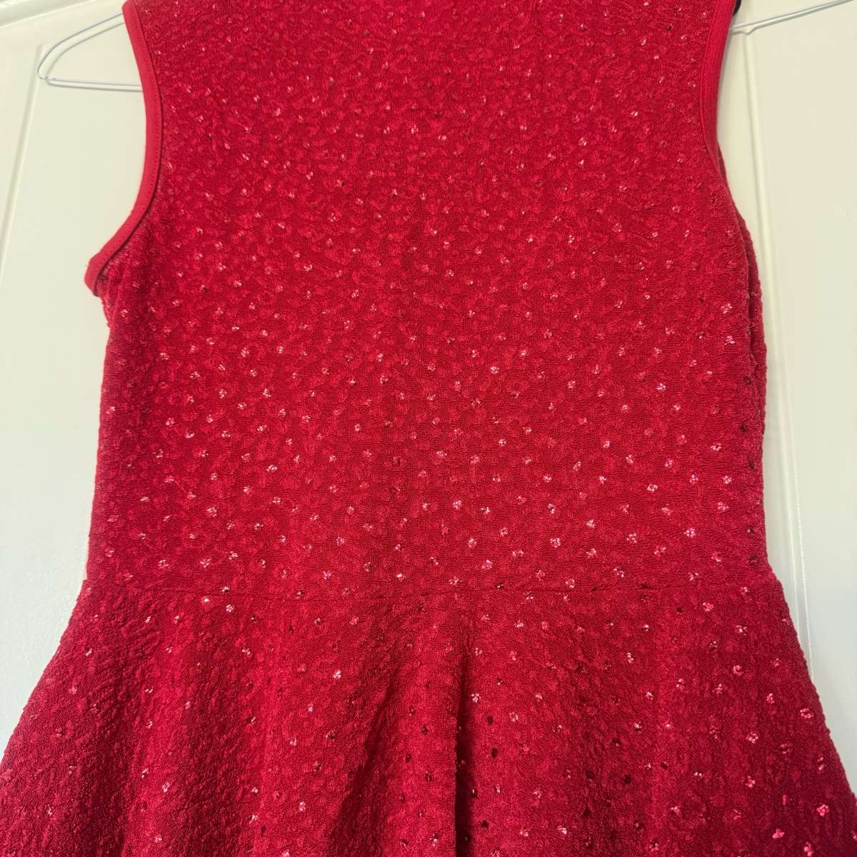 New Red Peplum Top with Black Lace Statement Neckline S