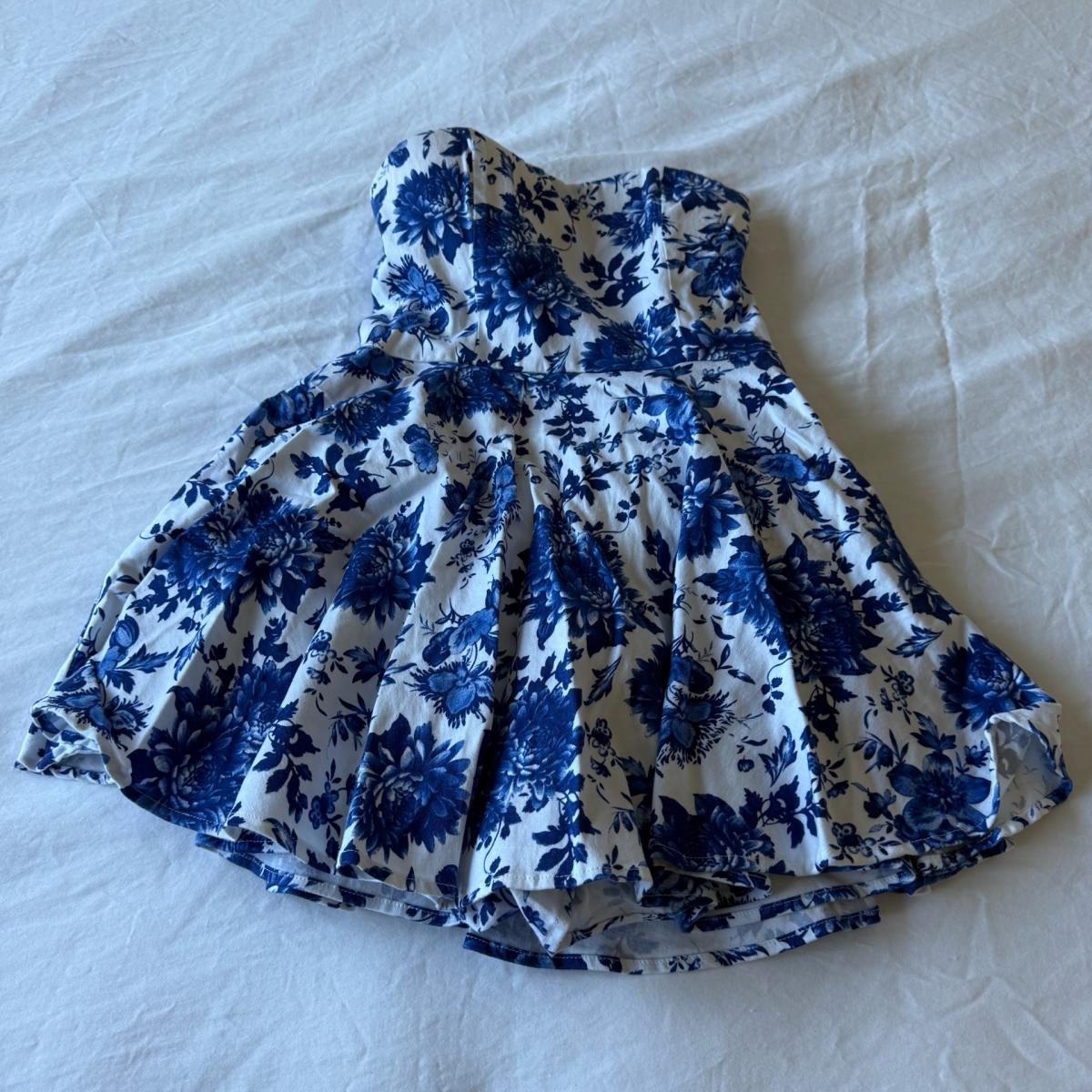 Blue Toile Floral Strapless Skater Dress  Fit  Flare Party