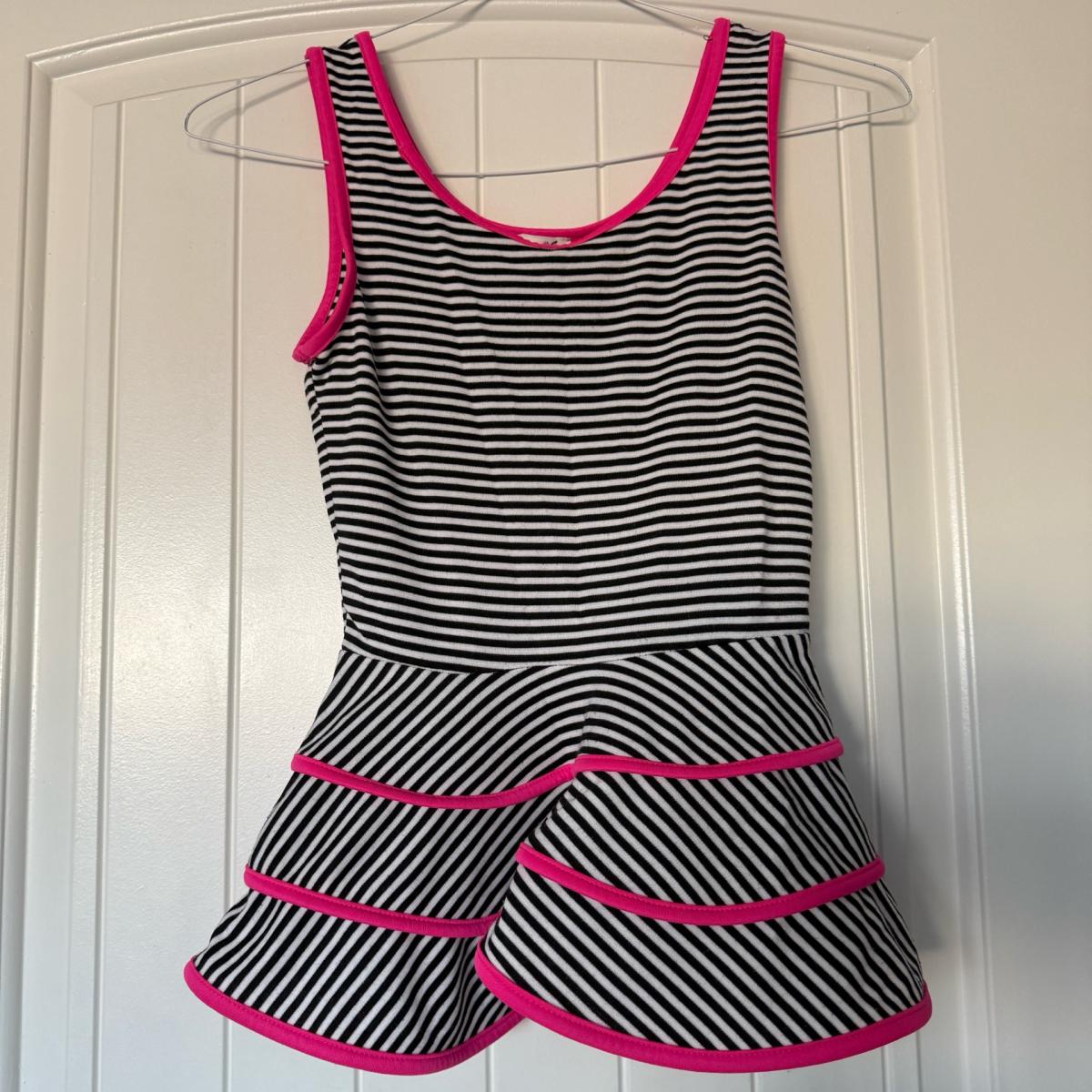 Black  White Striped Peplum Top with Hot Pink Trim  Size Sm