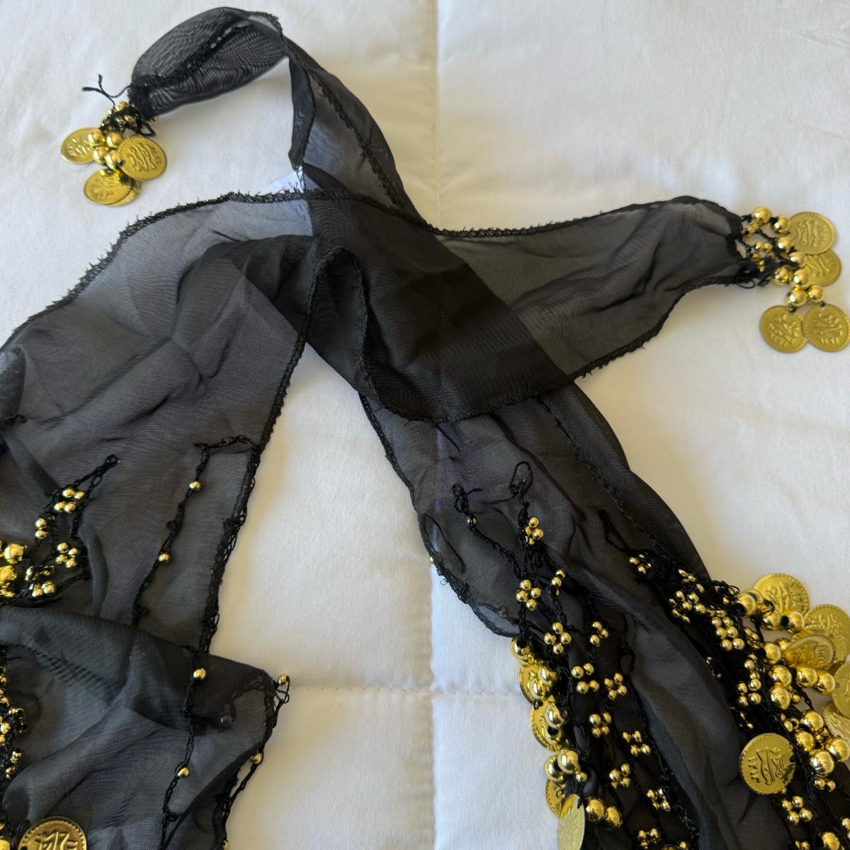 Black Chiffon Belly Dance Hip Scarf with Gold Coin Trim  Tri