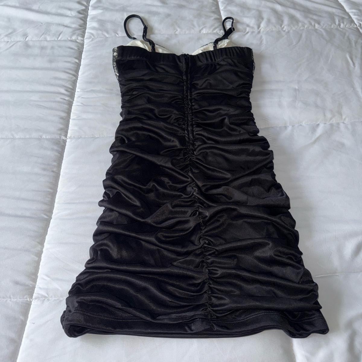 Black Satin Ruched Bodycon Mini Dress with Silver Lace Bust