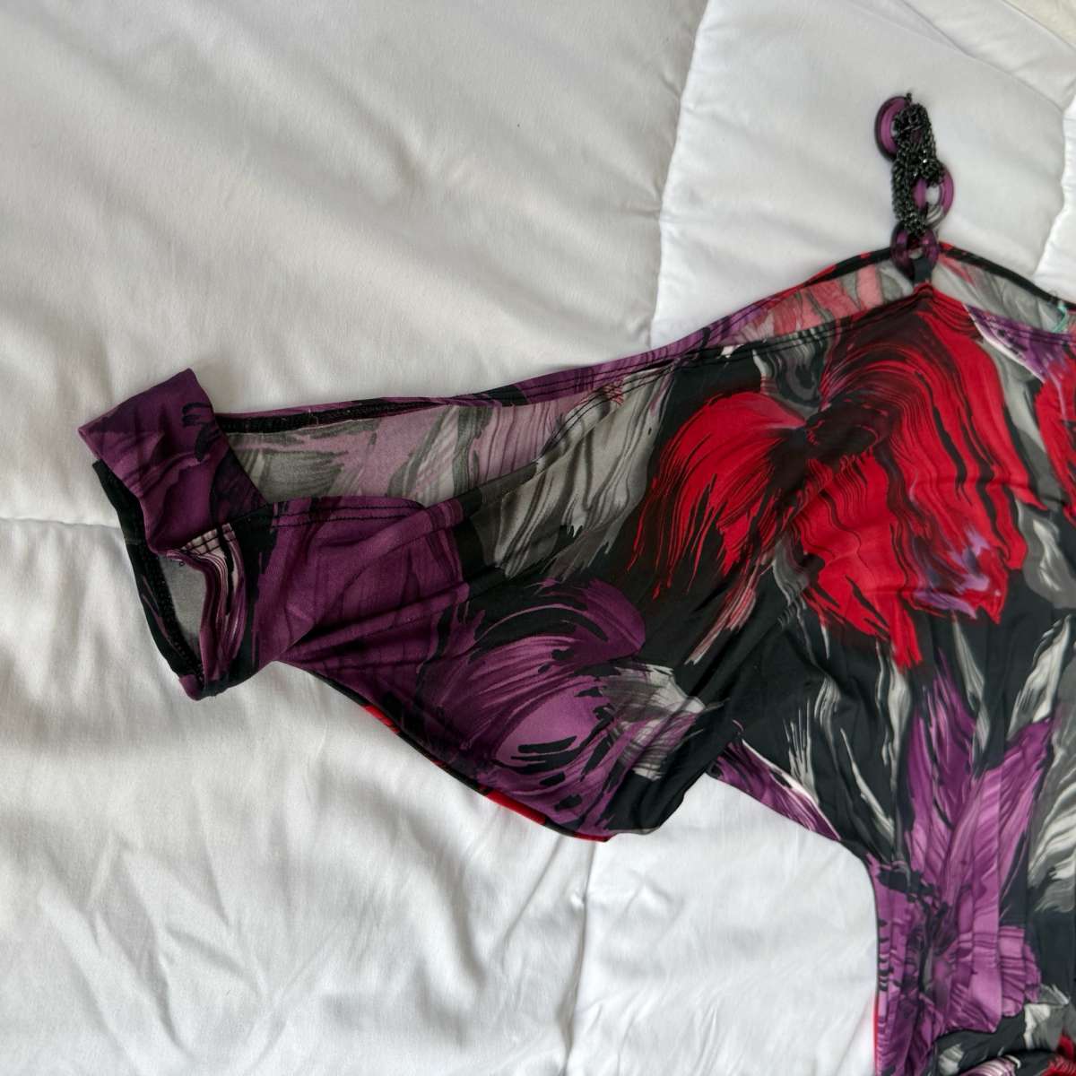 Brand New OneShoulder Ruched Longline Top  Red  Purple Abstr