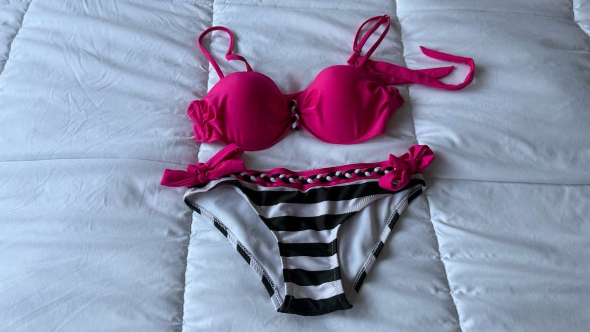 Hot Pink  Black Striped Bikini Set  Padded Bra Top with Brai