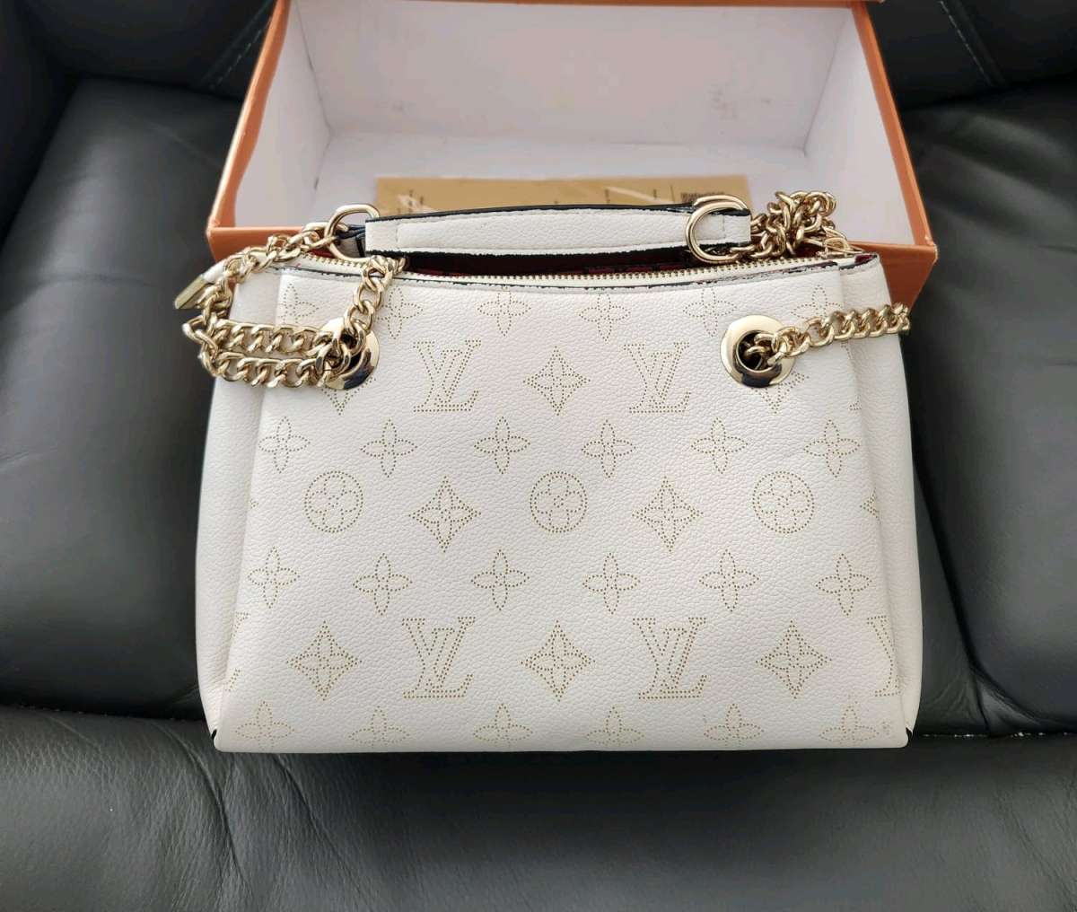 White Perforated Chain Shoulder Bag  Gold Hardware  New