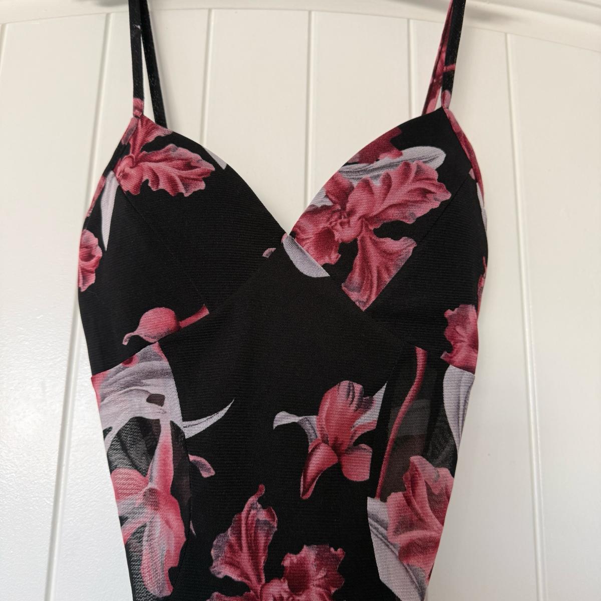 Olive Tree Black Sheer Floral Mesh Padded Bodysuit  Pink Ros