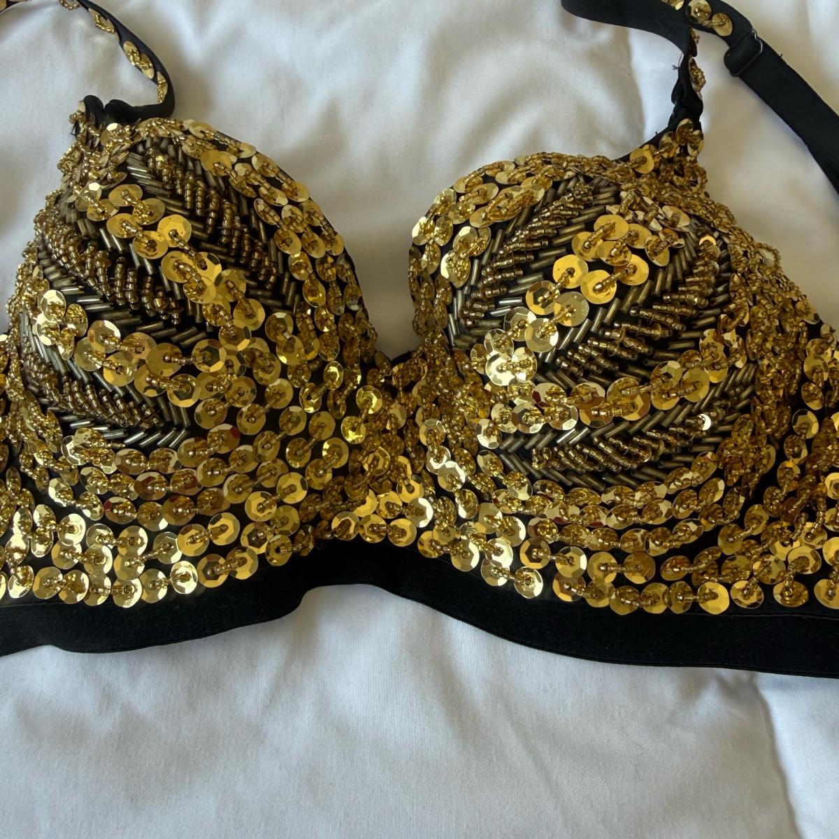 Brand HandEmbellished Gold Sequin Performance Bra  Showgirl