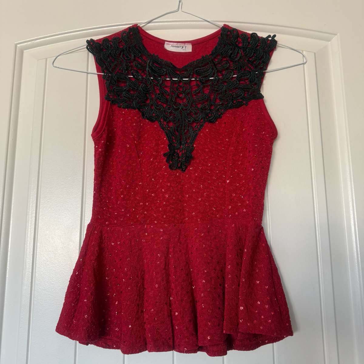 New Red Peplum Top with Black Lace Statement Neckline S