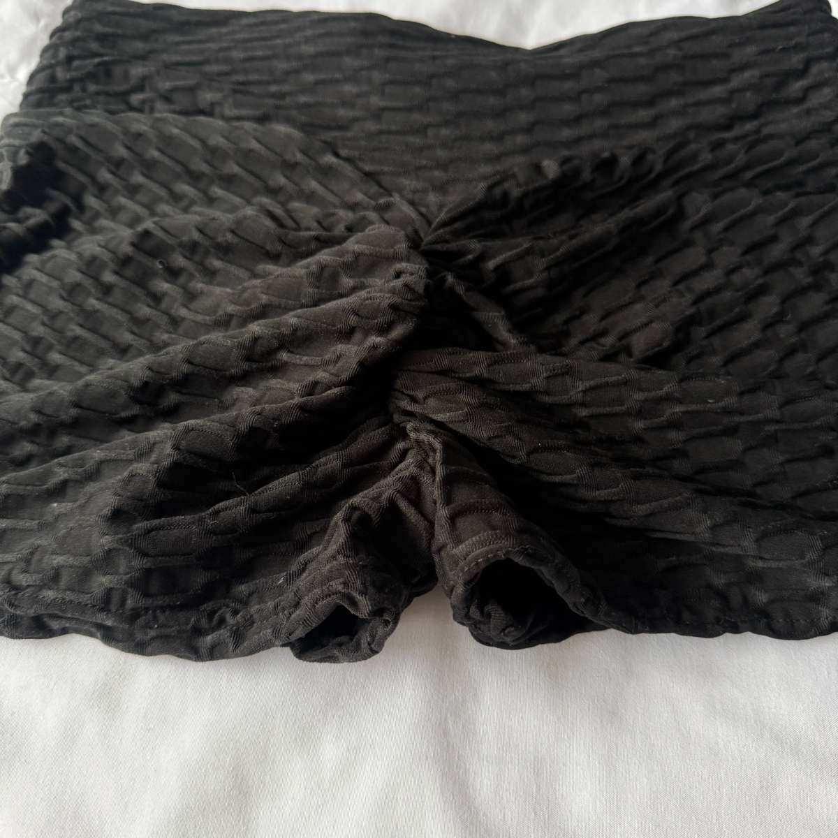 Black Textured HighWaisted Stretch Lounge Shorts  Smocked