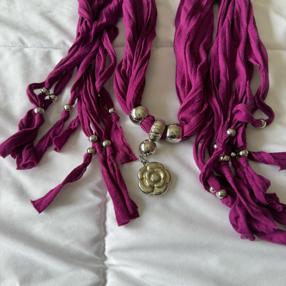 Magenta Statement Scarf Necklace with Silver Beads  Floral P
