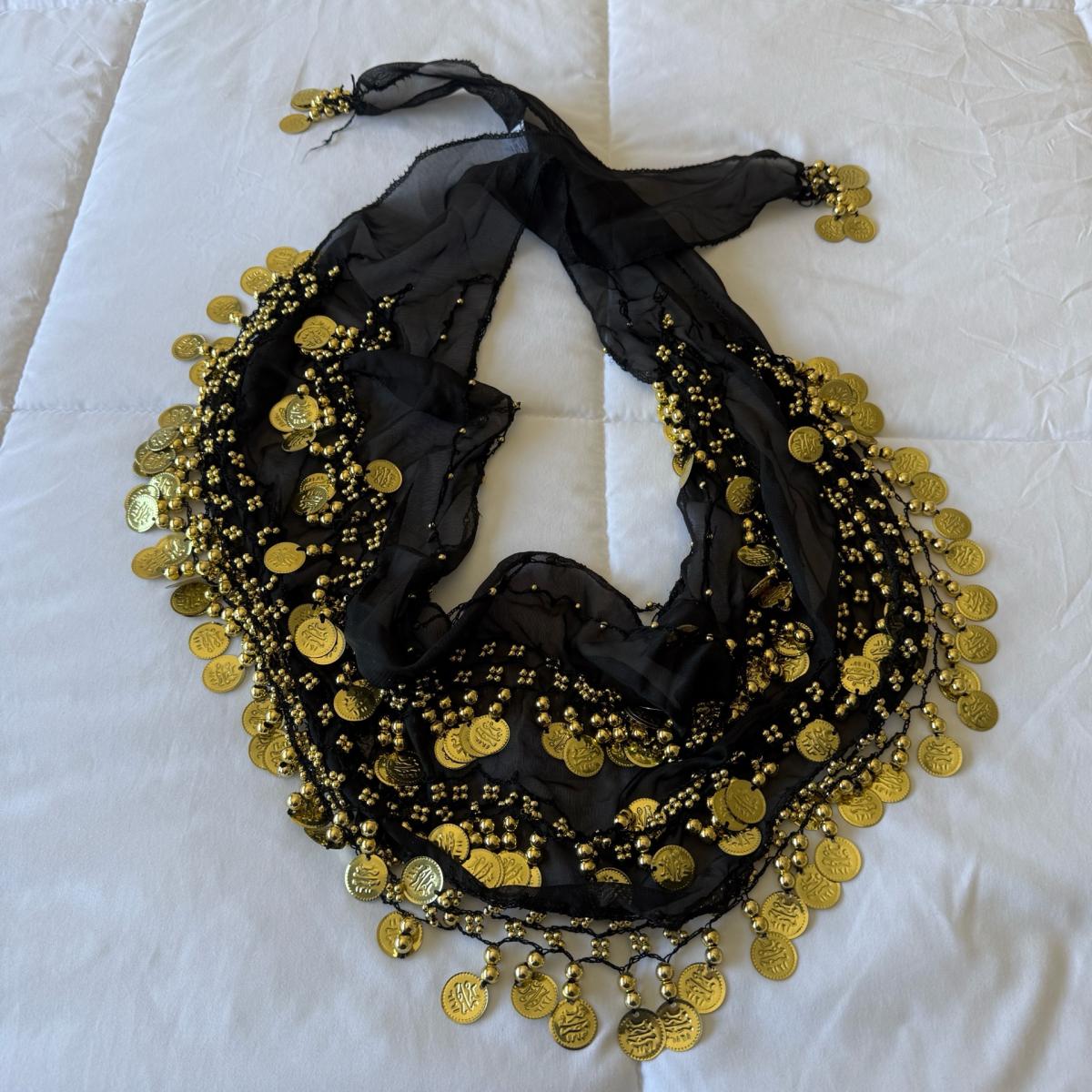 Black Chiffon Belly Dance Hip Scarf with Gold Coin Trim  Tri
