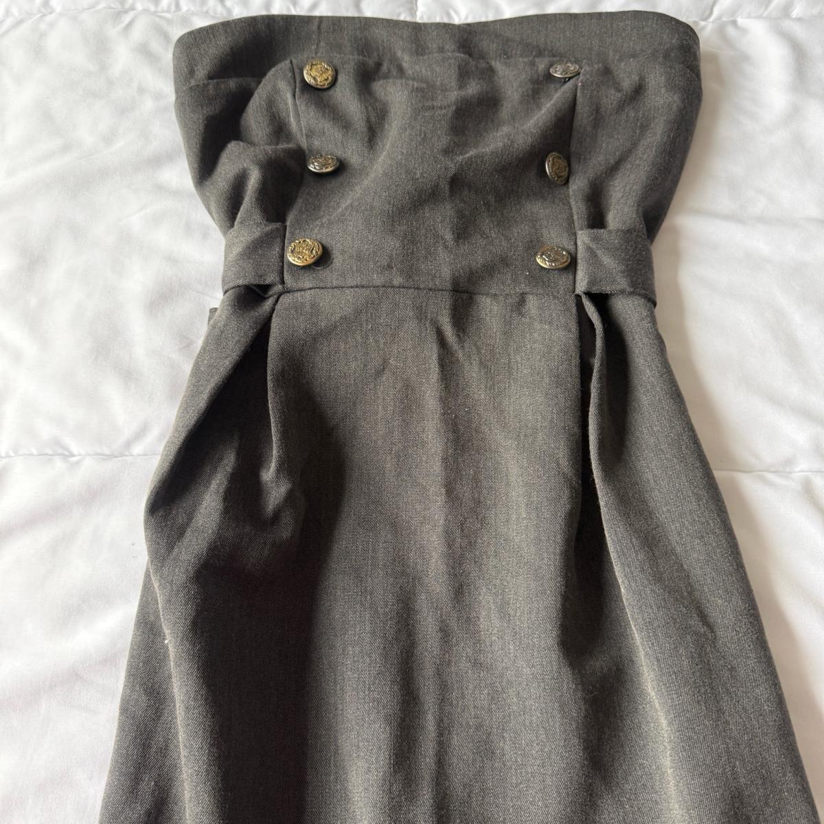Strapless Charcoal Gray MilitaryInspired Dress with Gold Cre