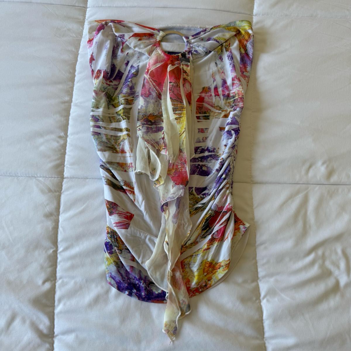 Strapless Abstract Watercolor Ruched Tube Top  Vibrant Multi