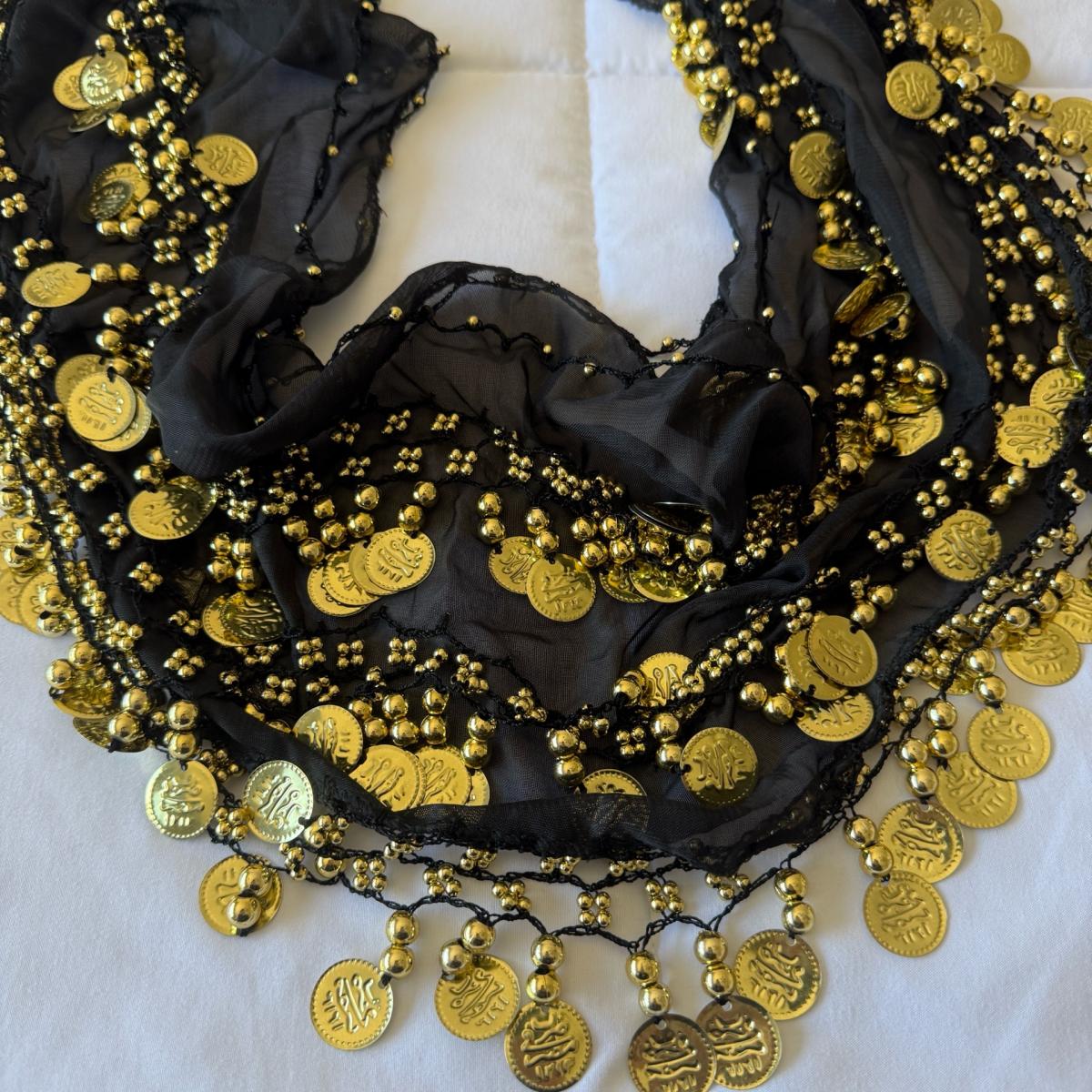 Black Chiffon Belly Dance Hip Scarf with Gold Coin Trim  Tri
