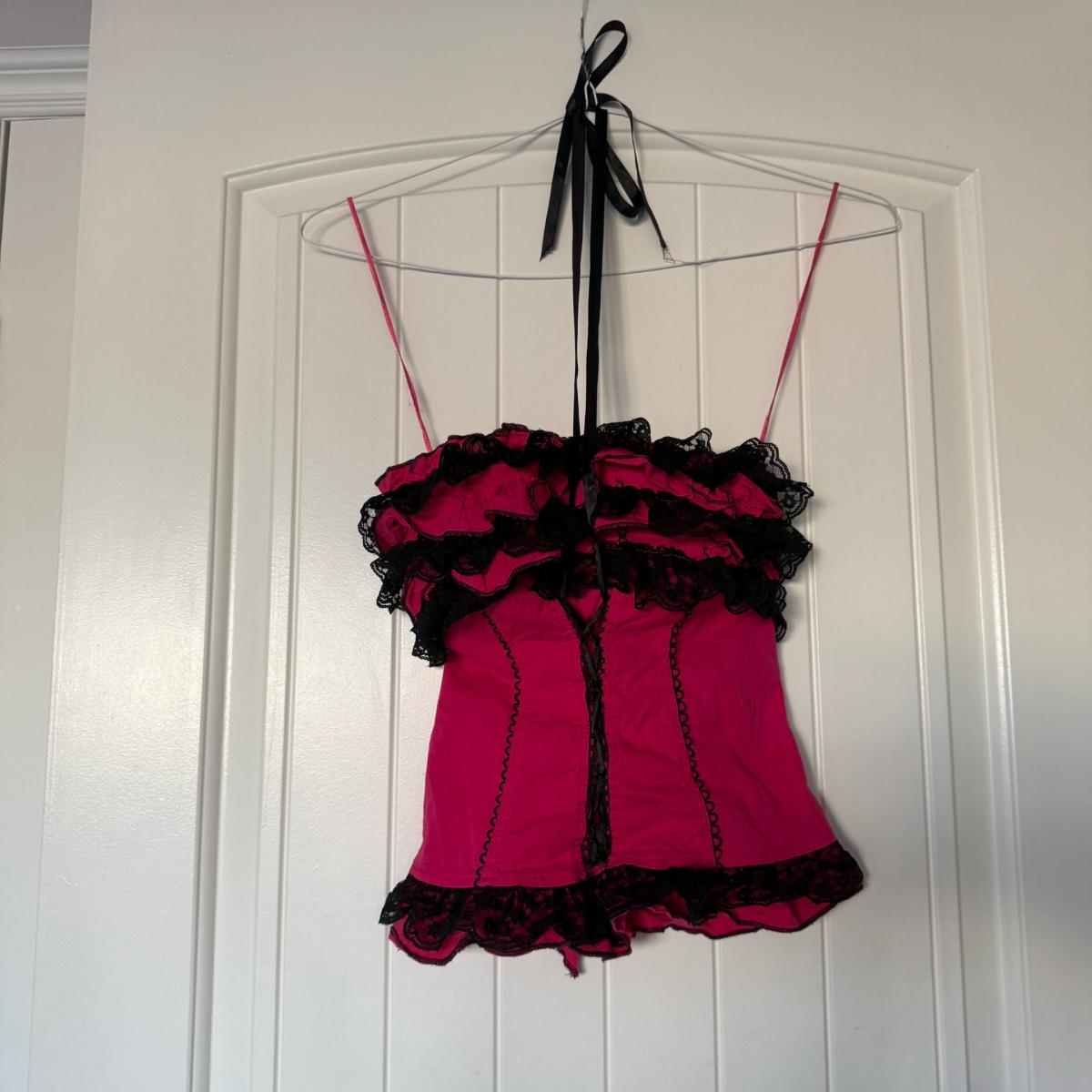 Strapless Hot Pink  Black Lace Ruffled Bustier Top  Padded