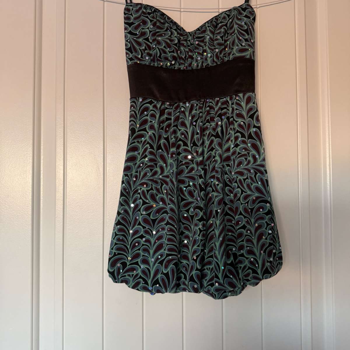 Strapless Teal  Black Sparkle Cocktail Dress with Satin Wais
