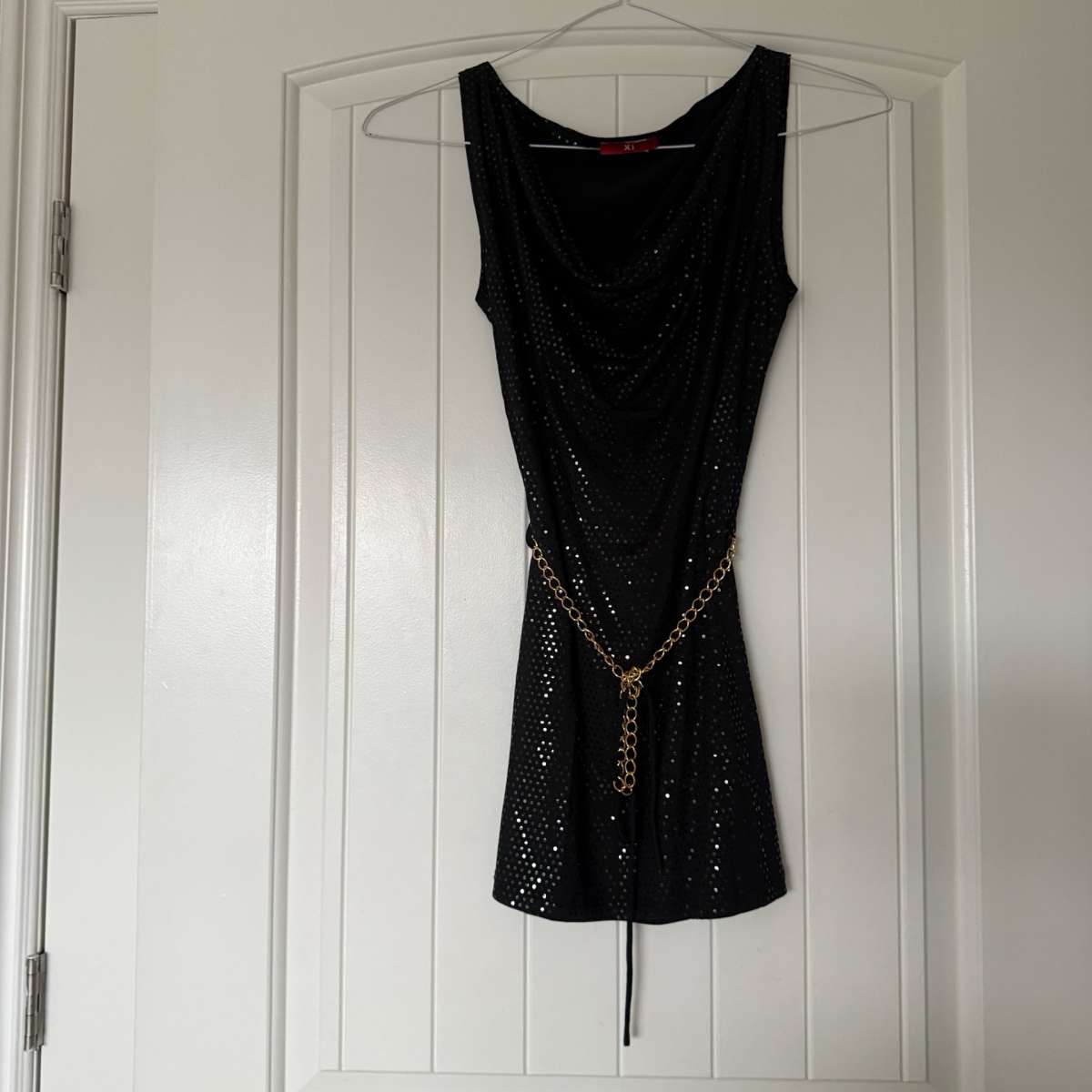Black Metallic Polka Dot Cowl Neck Cocktail Dress with Gold