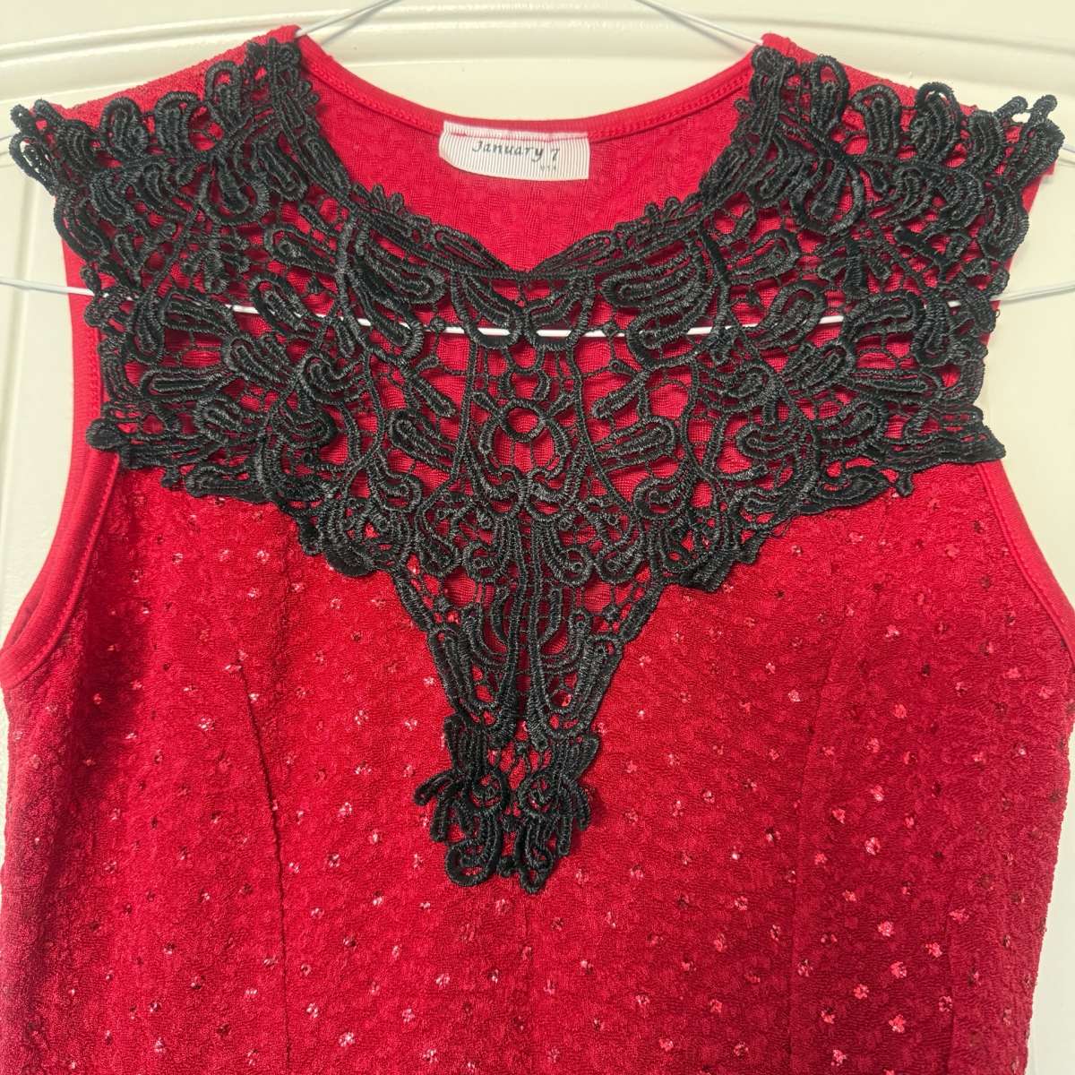 New Red Peplum Top with Black Lace Statement Neckline S