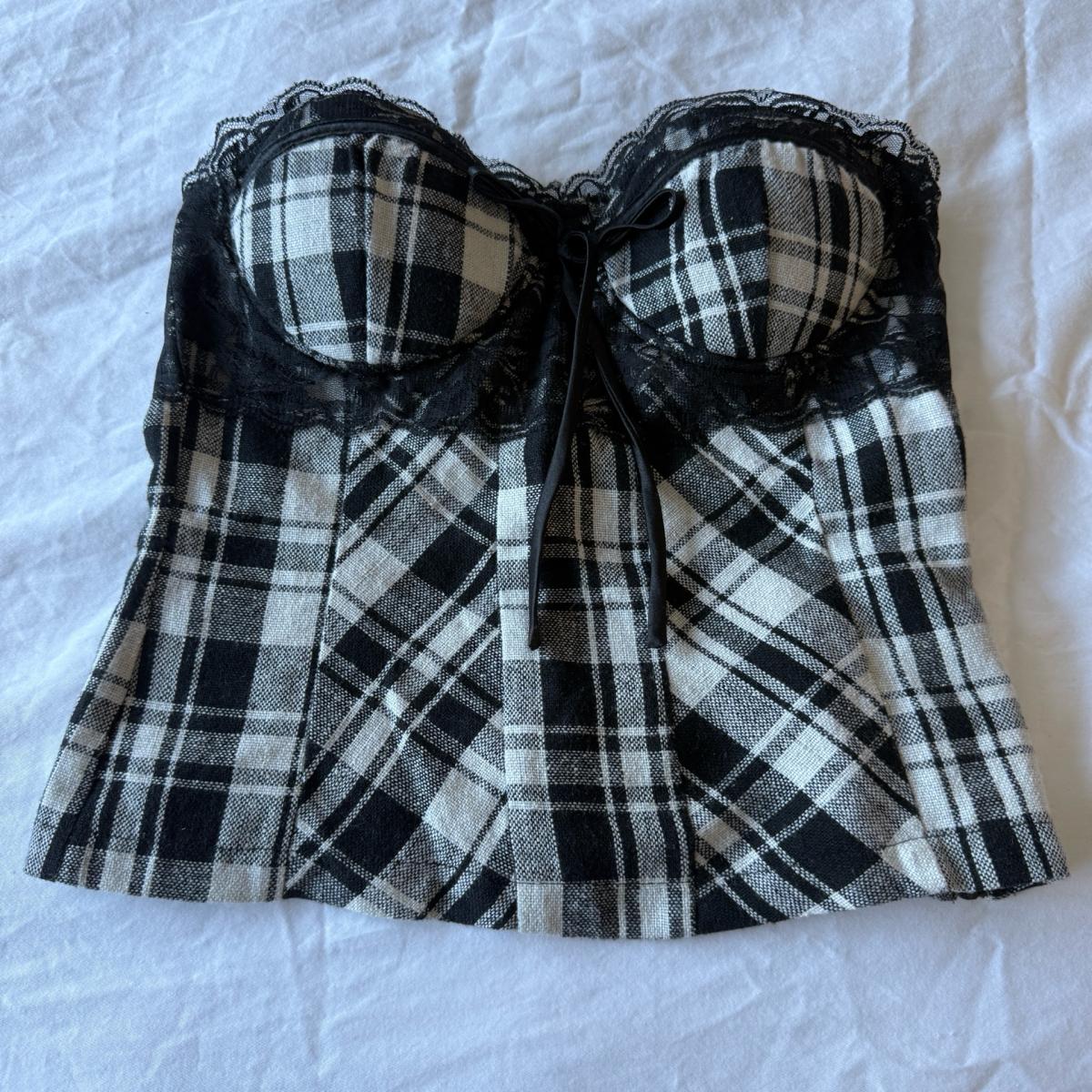 Y2K Black  White Plaid LaceTrim Bustier Corset Top Oboe  Si
