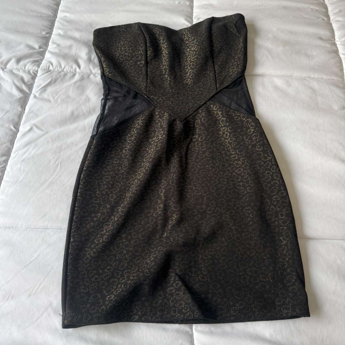 Strapless Black  Gold Animal Print Bodycon Dress with Mesh S