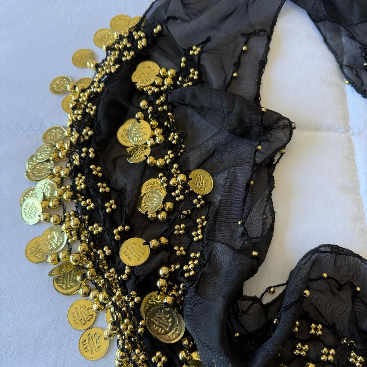 Black Chiffon Belly Dance Hip Scarf with Gold Coin Trim  Tri
