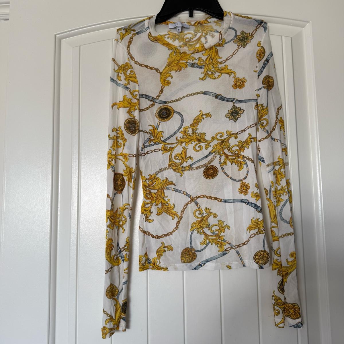 Gold Baroque Chain Print Sheer Mesh Long Sleeve Top  Size Sm
