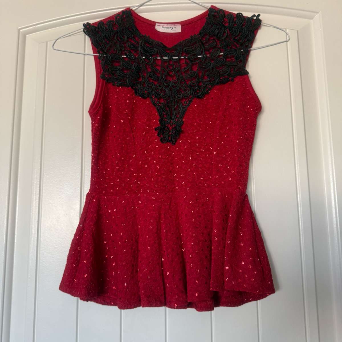 New Red Peplum Top with Black Lace Statement Neckline S