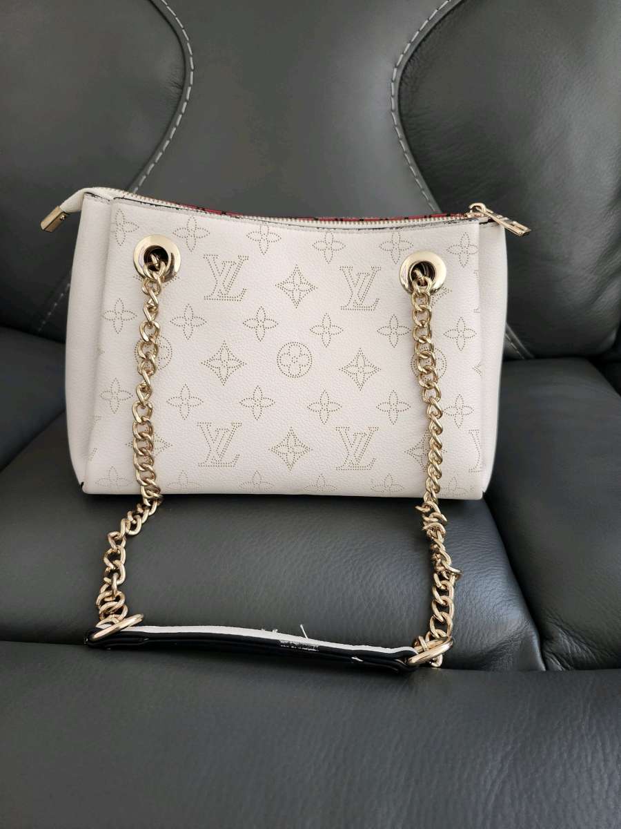 White Perforated Chain Shoulder Bag  Gold Hardware  New