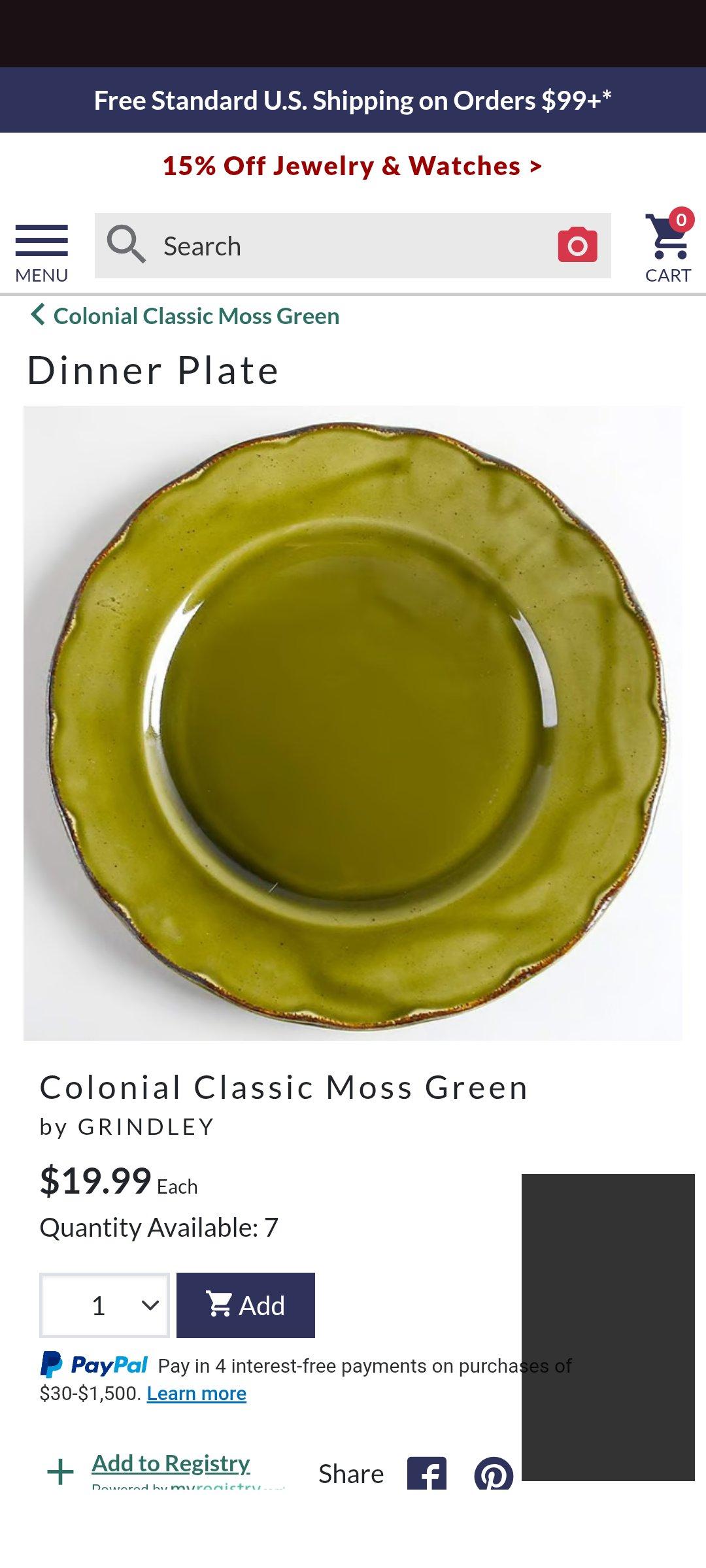 3 Grindley Colonial Classic Moss Green Dinner Plate