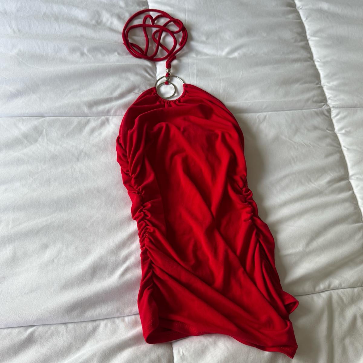 Bold Red Ruched Halter Tank with Metal Ring Detail S