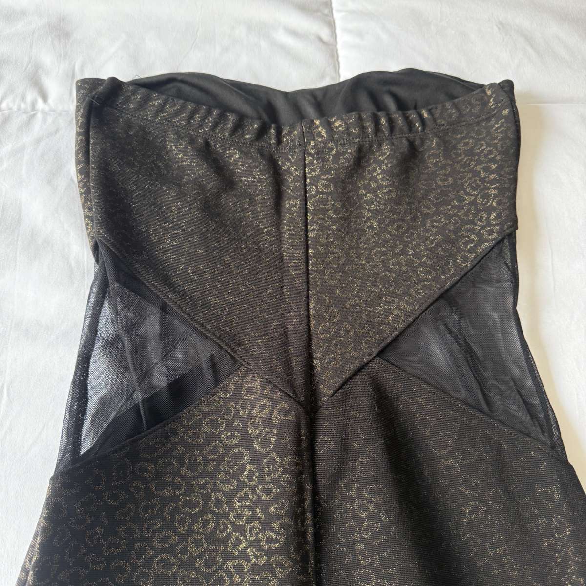 Strapless Black  Gold Animal Print Bodycon Dress with Mesh S