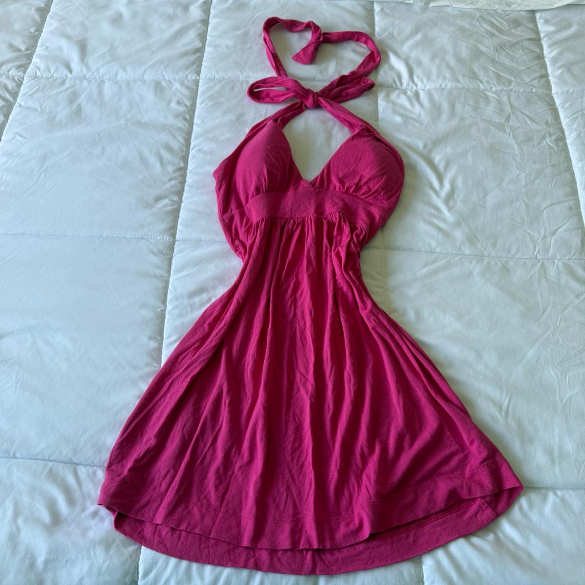 Hot Pink Halter Babydoll Mini Dress  XS  Open Back Tie Neck