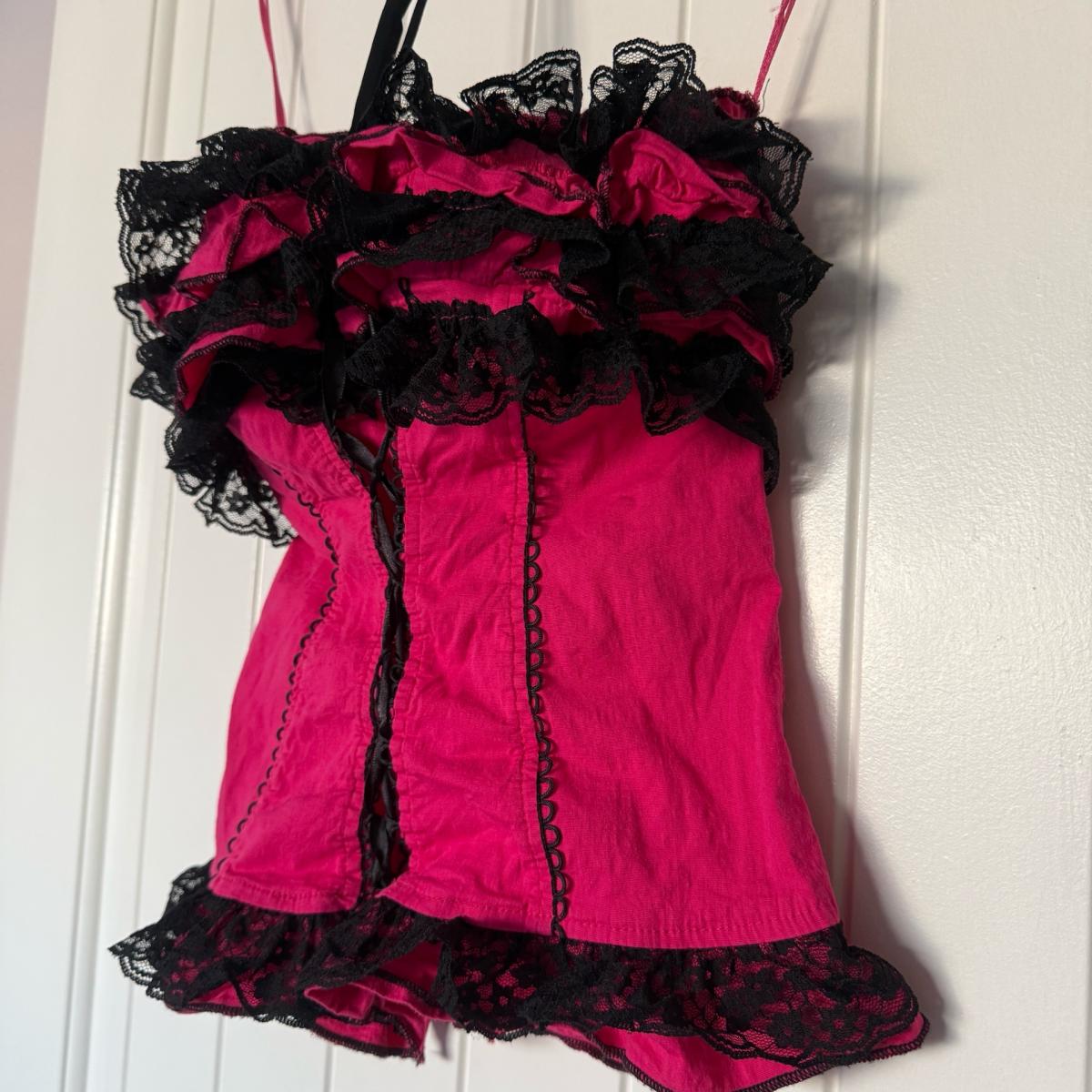 Strapless Hot Pink  Black Lace Ruffled Bustier Top  Padded