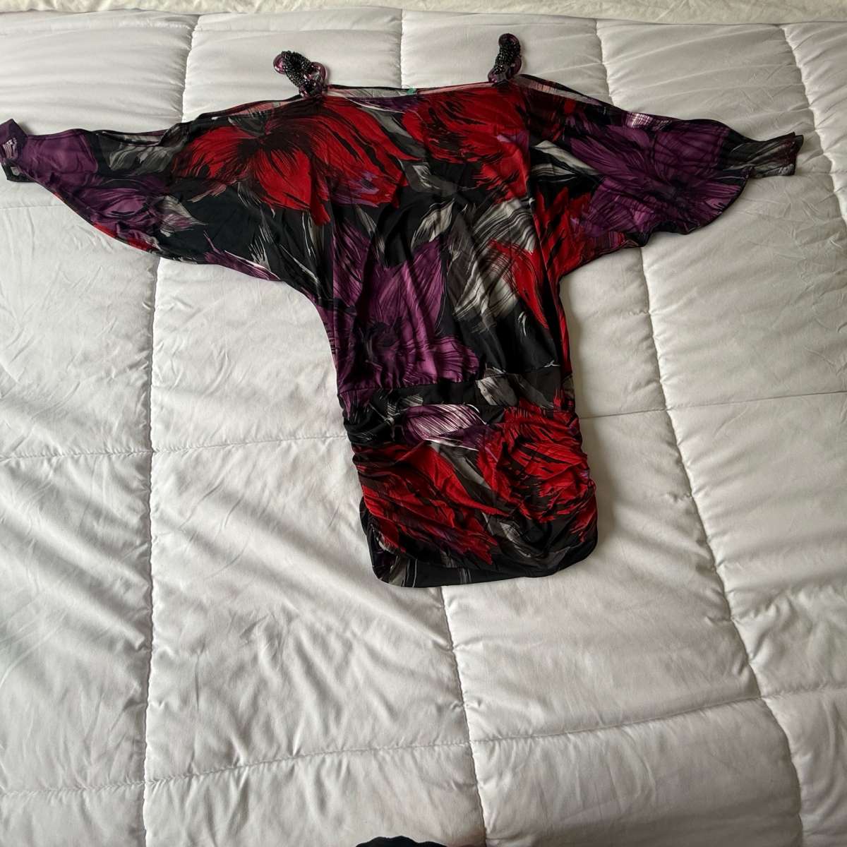 Brand New OneShoulder Ruched Longline Top  Red  Purple Abstr