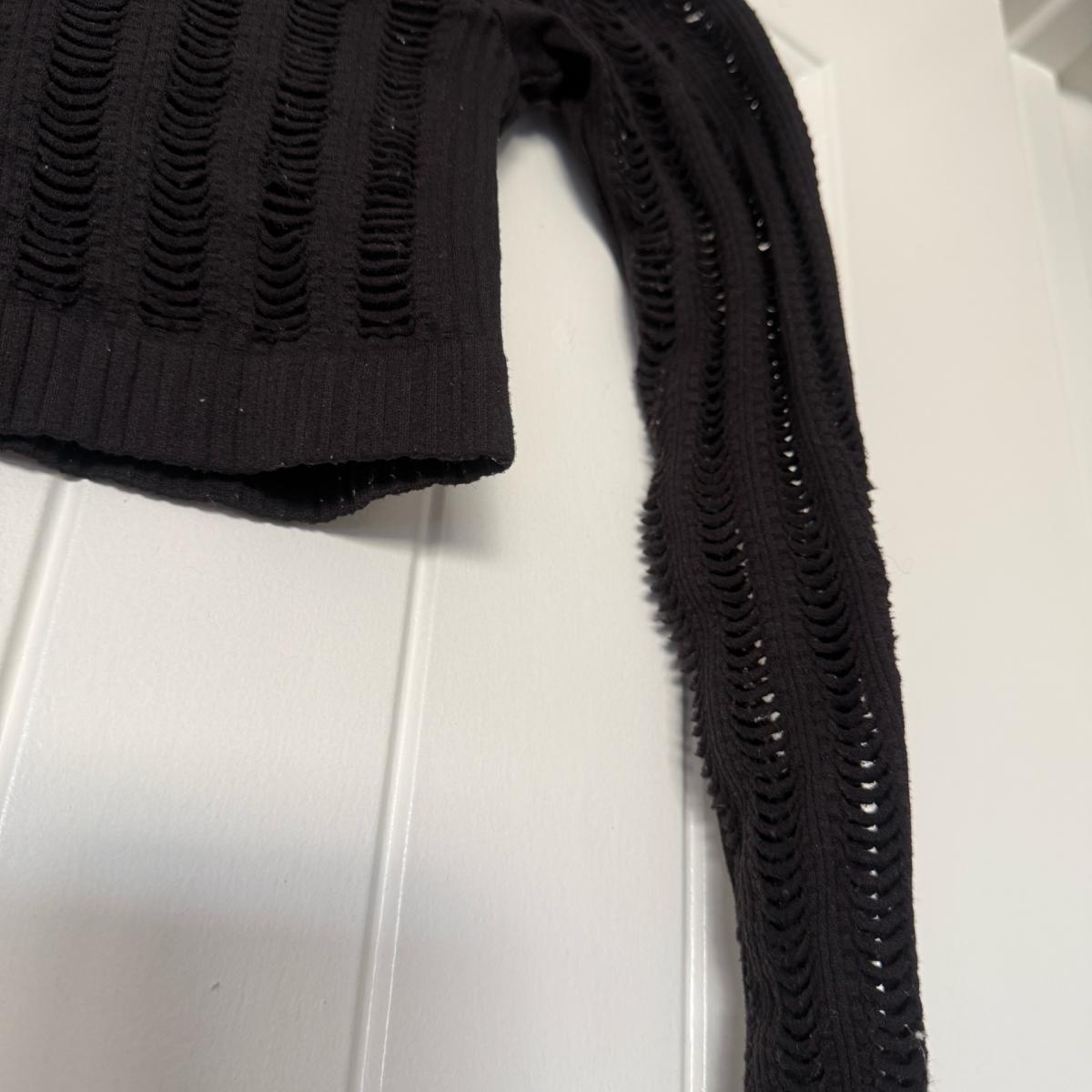 Black OpenKnit Ribbed Long Sleeve Crop Top  Textured Stateme