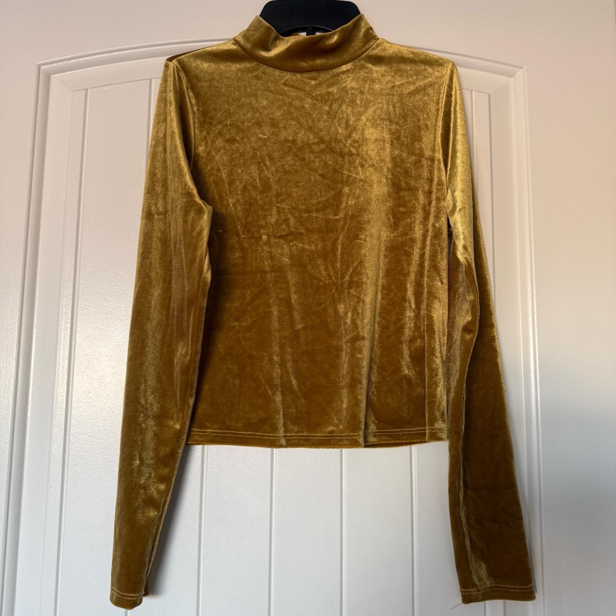 Mustard Gold Velvet HighNeck Long Sleeve Top with Keyhole Ba