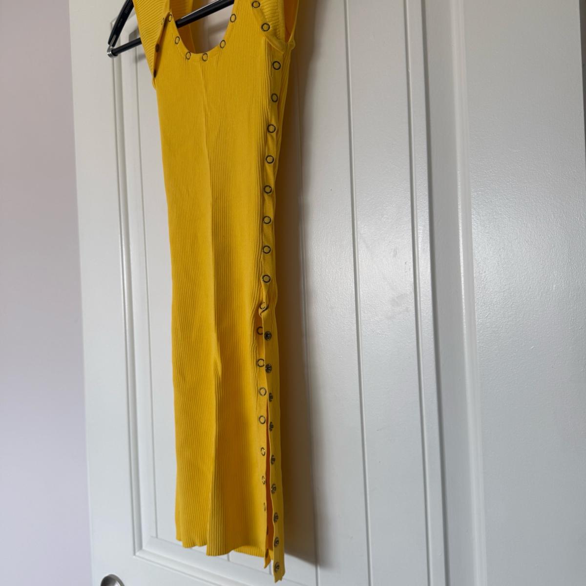 Mustard Yellow Ribbed SnapDetail Midi Dress  Cutout Back  Wo